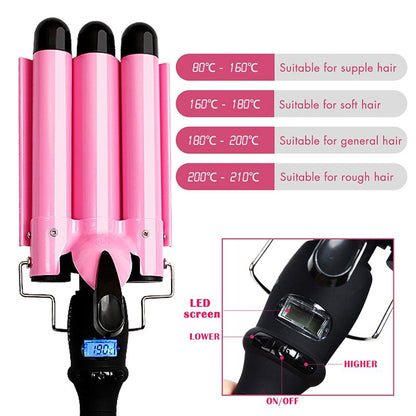 Triple Barrel Ceramic Hair Waver with LCD Temperature Display