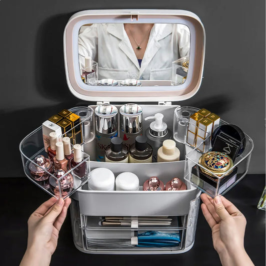 LED Makeup Mirror & Cosmetic Storage Organizer